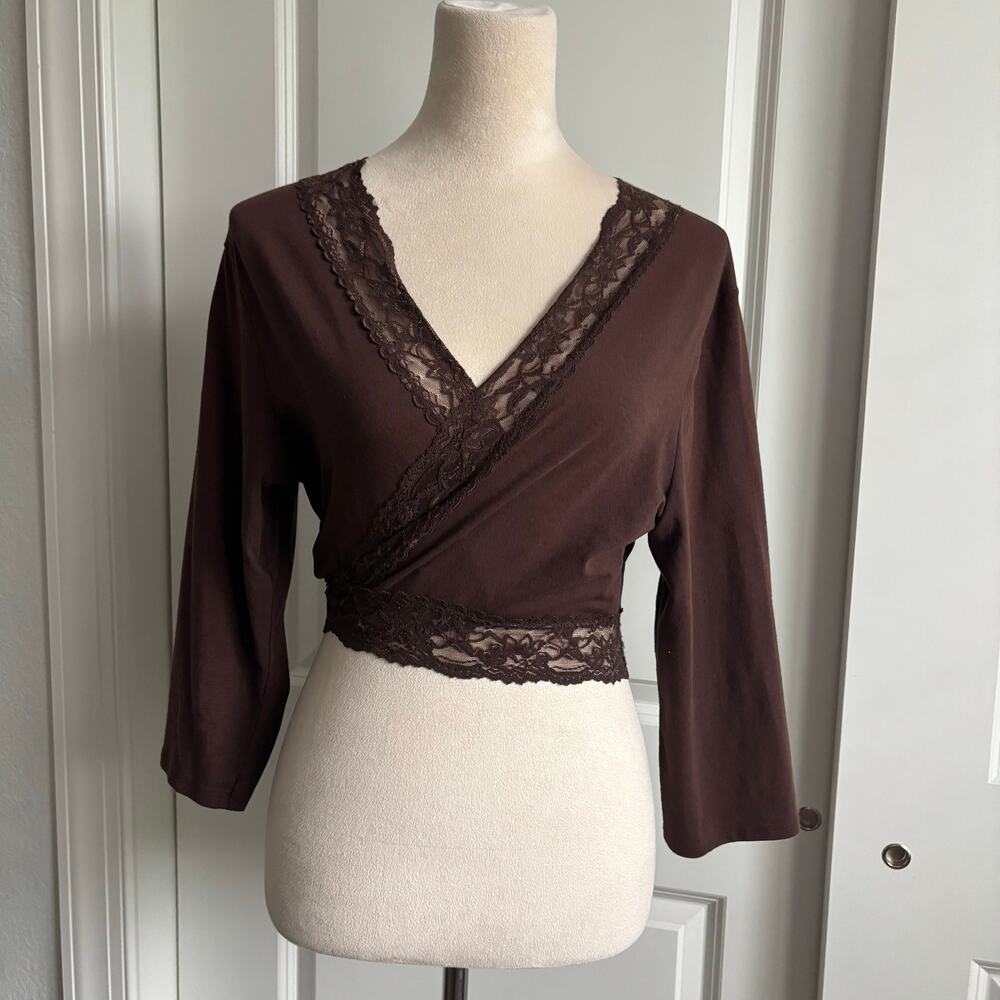 Y2K Brown Wrap Top Lace Balletcore Soft Girl Cropped L Ballerina Jason Maxwell - Picture 2 of 12
